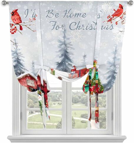 Christmas Tie Up Curtains for Window, Snowman Gnomes Cardinal Red Truck Barn Snow Thermal Insulated Balloon Shade Adjustable Rod Pocket Curtains Valance Panels for Kitchen Bathroom Café 42'' x 45'' in Saudi Arabia