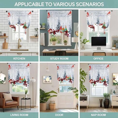 Christmas Tie Up Curtains for Window, Snowman Gnomes Cardinal Red Truck Barn Snow Thermal Insulated Balloon Shade Adjustable Rod Pocket Curtains Valance Panels for Kitchen Bathroom Café 42'' x 45'' in Saudi Arabia