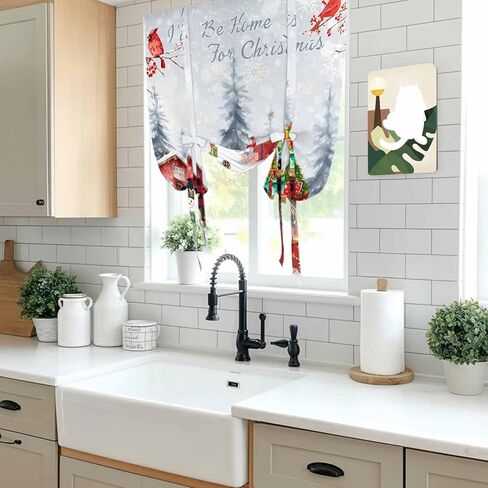 Christmas Tie Up Curtains for Window, Snowman Gnomes Cardinal Red Truck Barn Snow Thermal Insulated Balloon Shade Adjustable Rod Pocket Curtains Valance Panels for Kitchen Bathroom Café 42'' x 45'' in Saudi Arabia