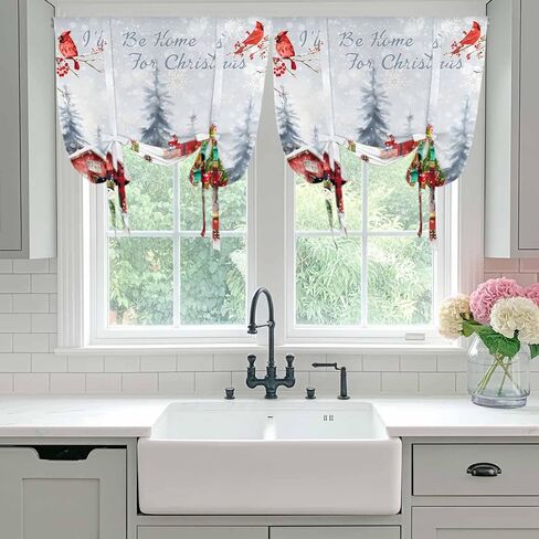 Christmas Tie Up Curtains for Window, Snowman Gnomes Cardinal Red Truck Barn Snow Thermal Insulated Balloon Shade Adjustable Rod Pocket Curtains Valance Panels for Kitchen Bathroom Café 42'' x 45'' in Saudi Arabia