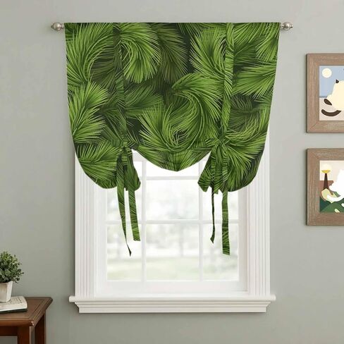 Christmas Tie Up Curtains for Window, Winter Xmas Green Pine Needle Branches Plants Thermal Insulated Balloon Shade Adjustable Rod Pocket Curtains Valance Panels for Kitchen Bathroom Café 42'' x 54'' in Saudi Arabia