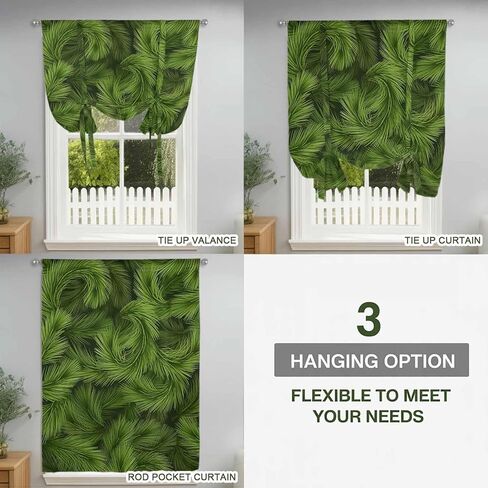 Christmas Tie Up Curtains for Window, Winter Xmas Green Pine Needle Branches Plants Thermal Insulated Balloon Shade Adjustable Rod Pocket Curtains Valance Panels for Kitchen Bathroom Café 42'' x 54'' in Saudi Arabia