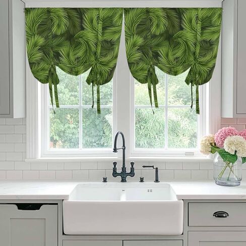 Christmas Tie Up Curtains for Window, Winter Xmas Green Pine Needle Branches Plants Thermal Insulated Balloon Shade Adjustable Rod Pocket Curtains Valance Panels for Kitchen Bathroom Café 42'' x 54'' in Saudi Arabia