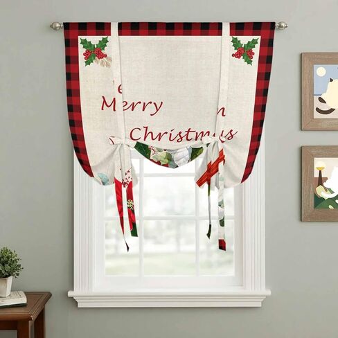 Christmas Tie Up Curtains for Window, Xmas Birds Berry Botanical Plaid Thermal Insulated Balloon Shade Adjustable Rod Pocket Curtains Valance Panels for Kitchen Bathroom Café 42'' x 63'' in Saudi Arabia