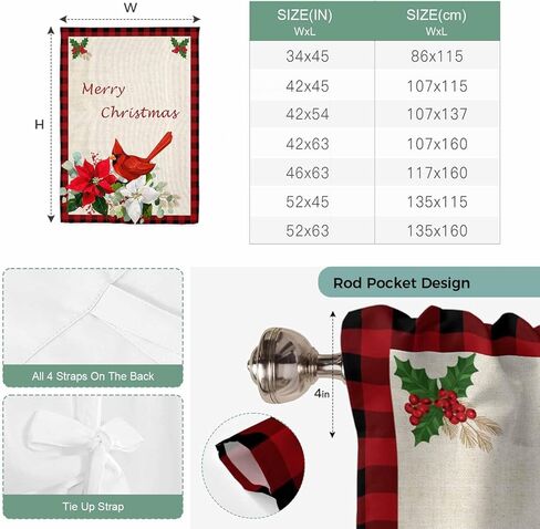 Christmas Tie Up Curtains for Window, Xmas Birds Berry Botanical Plaid Thermal Insulated Balloon Shade Adjustable Rod Pocket Curtains Valance Panels for Kitchen Bathroom Café 42'' x 63'' in Saudi Arabia