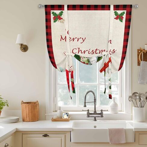 Christmas Tie Up Curtains for Window, Xmas Birds Berry Botanical Plaid Thermal Insulated Balloon Shade Adjustable Rod Pocket Curtains Valance Panels for Kitchen Bathroom Café 42'' x 63'' in Saudi Arabia