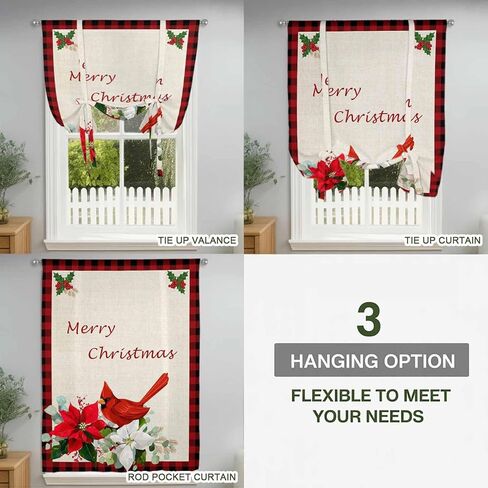 Christmas Tie Up Curtains for Window, Xmas Birds Berry Botanical Plaid Thermal Insulated Balloon Shade Adjustable Rod Pocket Curtains Valance Panels for Kitchen Bathroom Café 42'' x 63'' in Saudi Arabia