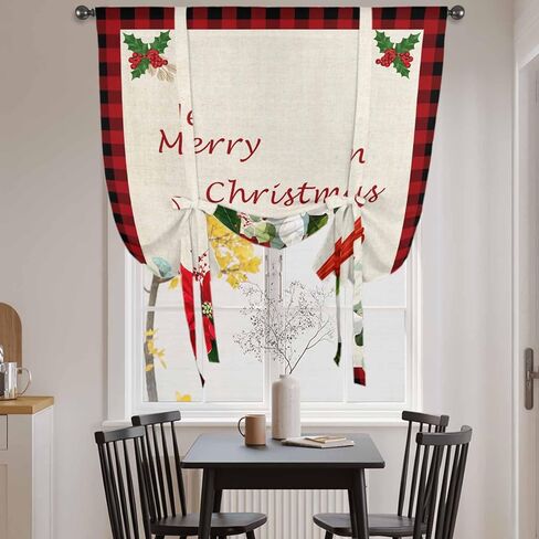 Christmas Tie Up Curtains for Window, Xmas Birds Berry Botanical Plaid Thermal Insulated Balloon Shade Adjustable Rod Pocket Curtains Valance Panels for Kitchen Bathroom Café 42'' x 63'' in Saudi Arabia