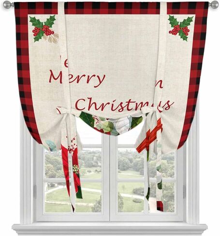 Christmas Tie Up Curtains for Window, Xmas Birds Berry Botanical Plaid Thermal Insulated Balloon Shade Adjustable Rod Pocket Curtains Valance Panels for Kitchen Bathroom Café 42'' x 63'' in Saudi Arabia