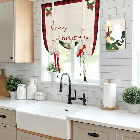 Christmas Tie Up Curtains for Window, Xmas Birds Berry Botanical Plaid Thermal Insulated Balloon Shade Adjustable Rod Pocket Curtains Valance Panels for Kitchen Bathroom Café 42'' x 63'' in Saudi Arabia