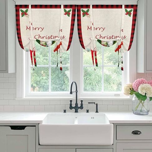 Christmas Tie Up Curtains for Window, Xmas Birds Berry Botanical Plaid Thermal Insulated Balloon Shade Adjustable Rod Pocket Curtains Valance Panels for Kitchen Bathroom Café 42'' x 63'' in Saudi Arabia