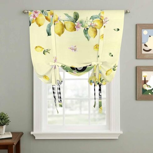Summer Lemons Tie Up Curtains for Window, Rustic Black Plaid Truck Fruits Yellow Thermal Insulated Balloon Shade Adjustable Rod Pocket Curtains Valance Panels for Kitchen Bathroom Café 42'' x 63'' in Saudi Arabia