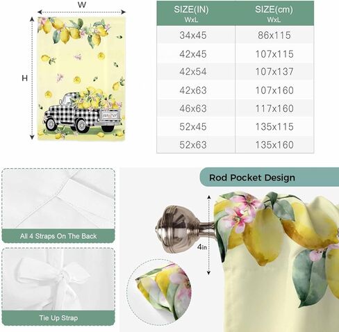 Summer Lemons Tie Up Curtains for Window, Rustic Black Plaid Truck Fruits Yellow Thermal Insulated Balloon Shade Adjustable Rod Pocket Curtains Valance Panels for Kitchen Bathroom Café 42'' x 63'' in Saudi Arabia