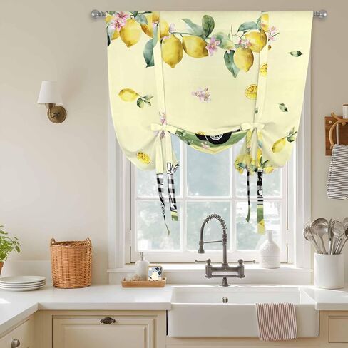 Summer Lemons Tie Up Curtains for Window, Rustic Black Plaid Truck Fruits Yellow Thermal Insulated Balloon Shade Adjustable Rod Pocket Curtains Valance Panels for Kitchen Bathroom Café 42'' x 63'' in Saudi Arabia