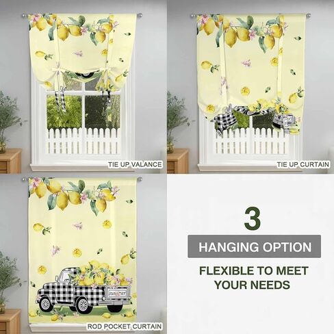 Summer Lemons Tie Up Curtains for Window, Rustic Black Plaid Truck Fruits Yellow Thermal Insulated Balloon Shade Adjustable Rod Pocket Curtains Valance Panels for Kitchen Bathroom Café 42'' x 63'' in Saudi Arabia