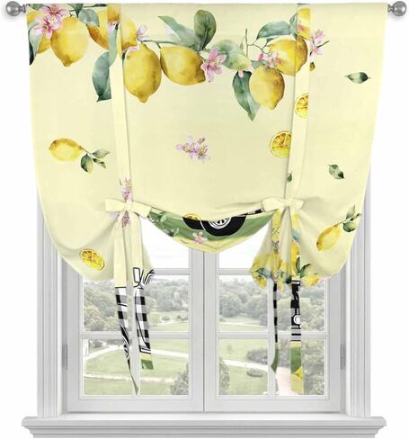 Summer Lemons Tie Up Curtains for Window, Rustic Black Plaid Truck Fruits Yellow Thermal Insulated Balloon Shade Adjustable Rod Pocket Curtains Valance Panels for Kitchen Bathroom Café 42'' x 63'' in Saudi Arabia