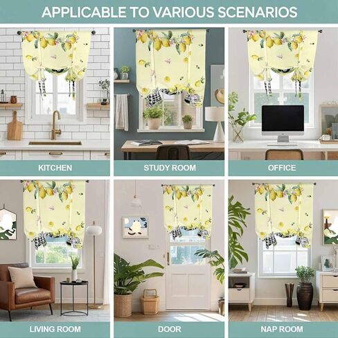 Summer Lemons Tie Up Curtains for Window, Rustic Black Plaid Truck Fruits Yellow Thermal Insulated Balloon Shade Adjustable Rod Pocket Curtains Valance Panels for Kitchen Bathroom Café 42'' x 63'' in Saudi Arabia