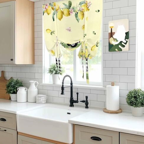 Summer Lemons Tie Up Curtains for Window, Rustic Black Plaid Truck Fruits Yellow Thermal Insulated Balloon Shade Adjustable Rod Pocket Curtains Valance Panels for Kitchen Bathroom Café 42'' x 63'' in Saudi Arabia