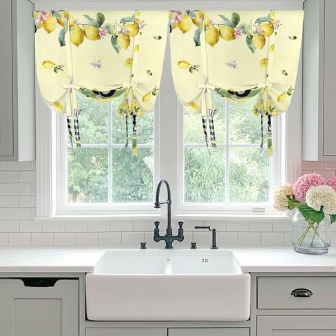 Summer Lemons Tie Up Curtains for Window, Rustic Black Plaid Truck Fruits Yellow Thermal Insulated Balloon Shade Adjustable Rod Pocket Curtains Valance Panels for Kitchen Bathroom Café 42'' x 63'' in Saudi Arabia