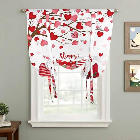 Valentine's Day Tie Up Curtains for Window, Red Gnomes Love Heart Eucalyptus Romantic Thermal Balloon Shade Adjustable Rod Pocket Curtains Valance Panels for Kitchen Bathroom Café 42'' x 54'' in Saudi Arabia