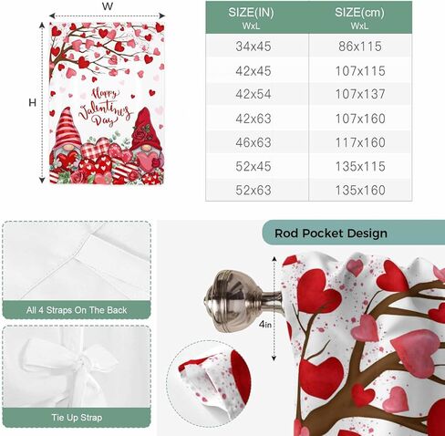 Valentine's Day Tie Up Curtains for Window, Red Gnomes Love Heart Eucalyptus Romantic Thermal Balloon Shade Adjustable Rod Pocket Curtains Valance Panels for Kitchen Bathroom Café 42'' x 54'' in Saudi Arabia