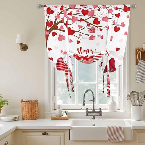 Valentine's Day Tie Up Curtains for Window, Red Gnomes Love Heart Eucalyptus Romantic Thermal Balloon Shade Adjustable Rod Pocket Curtains Valance Panels for Kitchen Bathroom Café 42'' x 54'' in Saudi Arabia