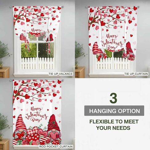 Valentine's Day Tie Up Curtains for Window, Red Gnomes Love Heart Eucalyptus Romantic Thermal Balloon Shade Adjustable Rod Pocket Curtains Valance Panels for Kitchen Bathroom Café 42'' x 54'' in Saudi Arabia