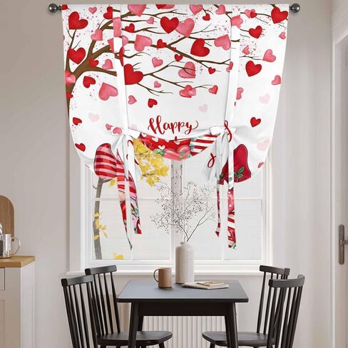 Valentine's Day Tie Up Curtains for Window, Red Gnomes Love Heart Eucalyptus Romantic Thermal Balloon Shade Adjustable Rod Pocket Curtains Valance Panels for Kitchen Bathroom Café 42'' x 54'' in Saudi Arabia