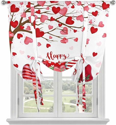 Valentine's Day Tie Up Curtains for Window, Red Gnomes Love Heart Eucalyptus Romantic Thermal Balloon Shade Adjustable Rod Pocket Curtains Valance Panels for Kitchen Bathroom Café 42'' x 54'' in Saudi Arabia
