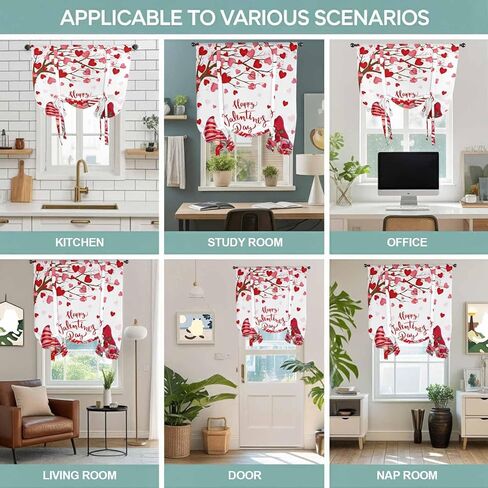 Valentine's Day Tie Up Curtains for Window, Red Gnomes Love Heart Eucalyptus Romantic Thermal Balloon Shade Adjustable Rod Pocket Curtains Valance Panels for Kitchen Bathroom Café 42'' x 54'' in Saudi Arabia