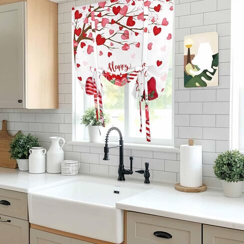 Valentine's Day Tie Up Curtains for Window, Red Gnomes Love Heart Eucalyptus Romantic Thermal Balloon Shade Adjustable Rod Pocket Curtains Valance Panels for Kitchen Bathroom Café 42'' x 54'' in Saudi Arabia
