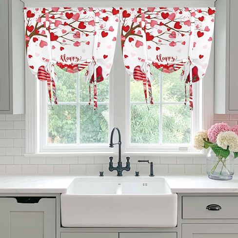 Valentine's Day Tie Up Curtains for Window, Red Gnomes Love Heart Eucalyptus Romantic Thermal Balloon Shade Adjustable Rod Pocket Curtains Valance Panels for Kitchen Bathroom Café 42'' x 54'' in Saudi Arabia