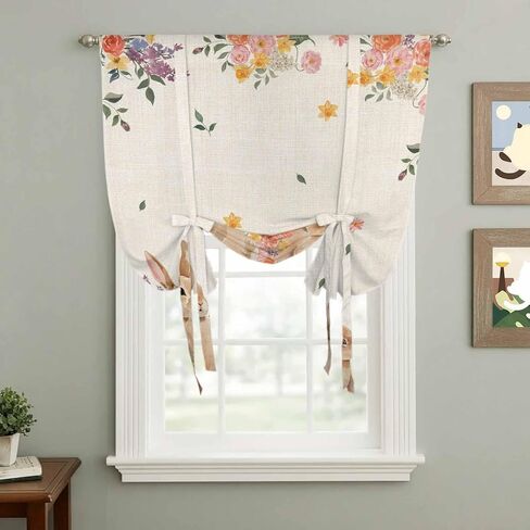 Easter Tie Up Curtains for Window, Spring Watercolor Bunny Flower Leaf Plant Thermal Insulated Balloon Shade Adjustable Rod Pocket Curtains Valance Panels for Kitchen Bathroom Café 42'' x 45'' in Saudi Arabia