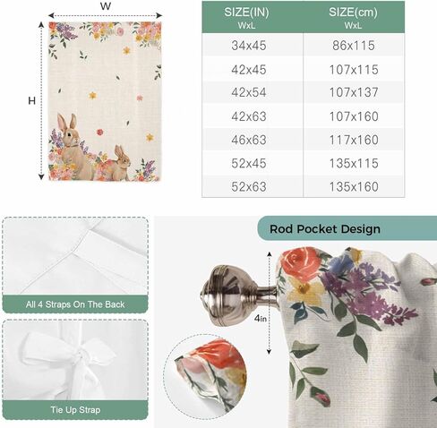 Easter Tie Up Curtains for Window, Spring Watercolor Bunny Flower Leaf Plant Thermal Insulated Balloon Shade Adjustable Rod Pocket Curtains Valance Panels for Kitchen Bathroom Café 42'' x 45'' in Saudi Arabia