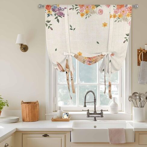 Easter Tie Up Curtains for Window, Spring Watercolor Bunny Flower Leaf Plant Thermal Insulated Balloon Shade Adjustable Rod Pocket Curtains Valance Panels for Kitchen Bathroom Café 42'' x 45'' in Saudi Arabia