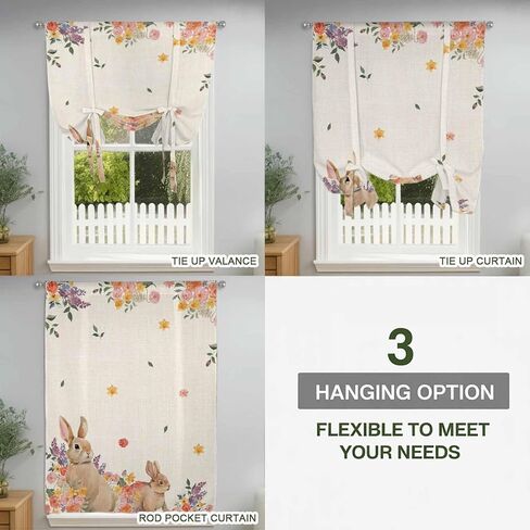 Easter Tie Up Curtains for Window, Spring Watercolor Bunny Flower Leaf Plant Thermal Insulated Balloon Shade Adjustable Rod Pocket Curtains Valance Panels for Kitchen Bathroom Café 42'' x 45'' in Saudi Arabia