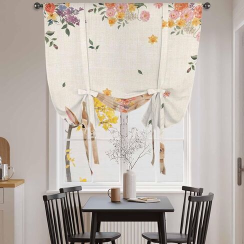 Easter Tie Up Curtains for Window, Spring Watercolor Bunny Flower Leaf Plant Thermal Insulated Balloon Shade Adjustable Rod Pocket Curtains Valance Panels for Kitchen Bathroom Café 42'' x 45'' in Saudi Arabia
