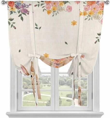 Easter Tie Up Curtains for Window, Spring Watercolor Bunny Flower Leaf Plant Thermal Insulated Balloon Shade Adjustable Rod Pocket Curtains Valance Panels for Kitchen Bathroom Café 42'' x 45'' in Saudi Arabia