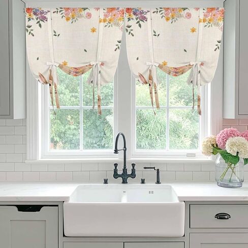 Easter Tie Up Curtains for Window, Spring Watercolor Bunny Flower Leaf Plant Thermal Insulated Balloon Shade Adjustable Rod Pocket Curtains Valance Panels for Kitchen Bathroom Café 42'' x 45'' in Saudi Arabia