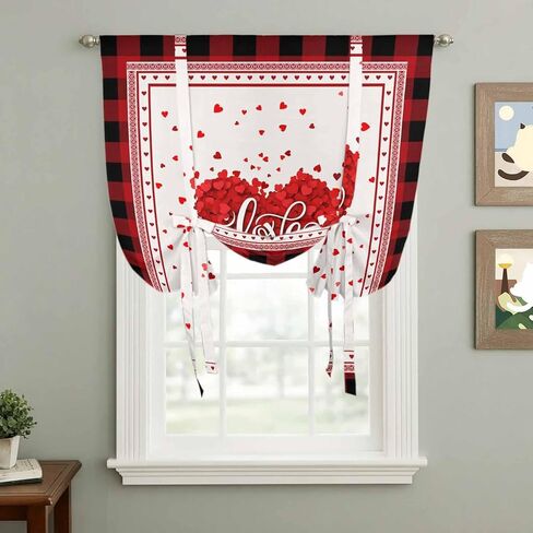 Valentine's Day Tie Up Curtains for Window, Red Love Heart Buffalo Modern Art Thermal Insulated Balloon Shade Adjustable Rod Pocket Curtains Valance Panels for Kitchen Bathroom Café 34'' x 45'' in Saudi Arabia
