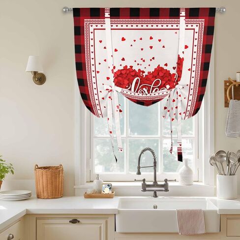 Valentine's Day Tie Up Curtains for Window, Red Love Heart Buffalo Modern Art Thermal Insulated Balloon Shade Adjustable Rod Pocket Curtains Valance Panels for Kitchen Bathroom Café 34'' x 45'' in Saudi Arabia