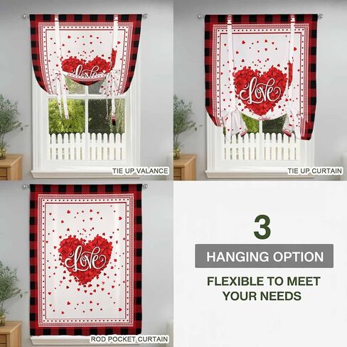 Valentine's Day Tie Up Curtains for Window, Red Love Heart Buffalo Modern Art Thermal Insulated Balloon Shade Adjustable Rod Pocket Curtains Valance Panels for Kitchen Bathroom Café 34'' x 45'' in Saudi Arabia