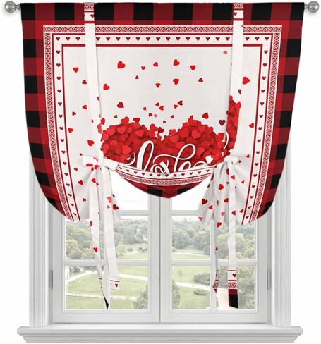 Valentine's Day Tie Up Curtains for Window, Red Love Heart Buffalo Modern Art Thermal Insulated Balloon Shade Adjustable Rod Pocket Curtains Valance Panels for Kitchen Bathroom Café 34'' x 45'' in Saudi Arabia