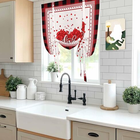 Valentine's Day Tie Up Curtains for Window, Red Love Heart Buffalo Modern Art Thermal Insulated Balloon Shade Adjustable Rod Pocket Curtains Valance Panels for Kitchen Bathroom Café 34'' x 45'' in Saudi Arabia