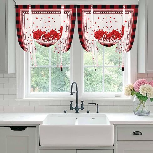 Valentine's Day Tie Up Curtains for Window, Red Love Heart Buffalo Modern Art Thermal Insulated Balloon Shade Adjustable Rod Pocket Curtains Valance Panels for Kitchen Bathroom Café 34'' x 45'' in Saudi Arabia