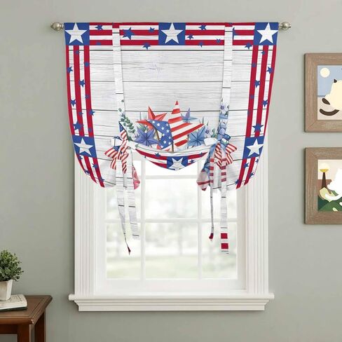 4th of July Tie Up Curtains for Window, Red Blue Patriotic Flowers Star Stripes Wooden Thermal Balloon Shade Adjustable Rod Pocket Curtains Valance Panels for Kitchen Bathroom Café 42'' x 63'' in Saudi Arabia