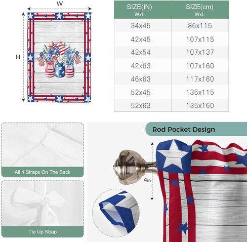 4th of July Tie Up Curtains for Window, Red Blue Patriotic Flowers Star Stripes Wooden Thermal Balloon Shade Adjustable Rod Pocket Curtains Valance Panels for Kitchen Bathroom Café 42'' x 63'' in Saudi Arabia
