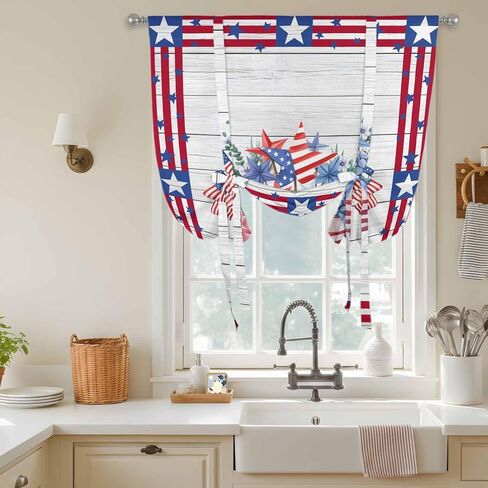 4th of July Tie Up Curtains for Window, Red Blue Patriotic Flowers Star Stripes Wooden Thermal Balloon Shade Adjustable Rod Pocket Curtains Valance Panels for Kitchen Bathroom Café 42'' x 63'' in Saudi Arabia