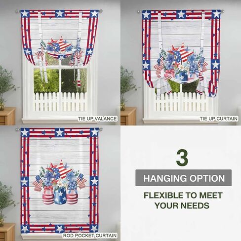 4th of July Tie Up Curtains for Window, Red Blue Patriotic Flowers Star Stripes Wooden Thermal Balloon Shade Adjustable Rod Pocket Curtains Valance Panels for Kitchen Bathroom Café 42'' x 63'' in Saudi Arabia