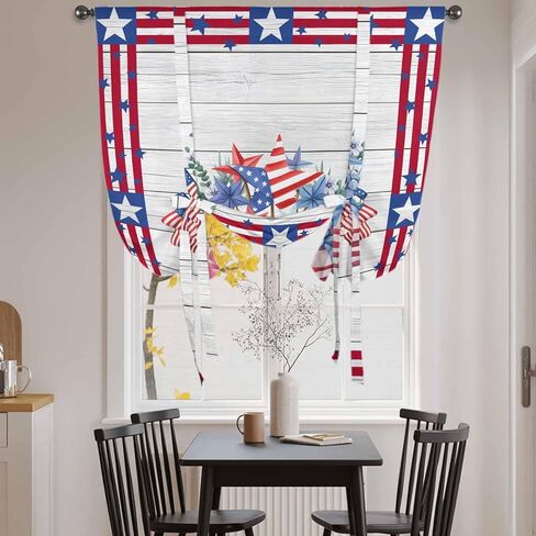4th of July Tie Up Curtains for Window, Red Blue Patriotic Flowers Star Stripes Wooden Thermal Balloon Shade Adjustable Rod Pocket Curtains Valance Panels for Kitchen Bathroom Café 42'' x 63'' in Saudi Arabia